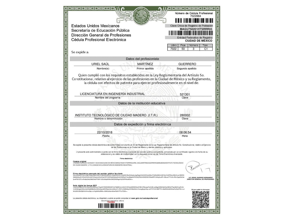 Cédula Profesional 7022884 de Uriel Saúl Martínez Guerrero