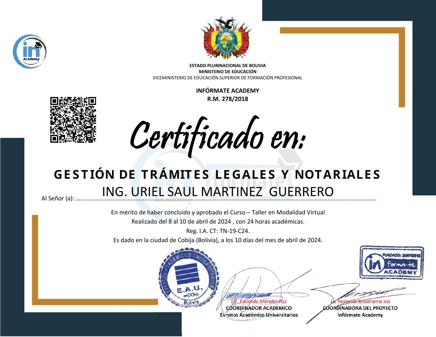 Certificado de Gestión de Trámites Legales y Notariales de Uriel Saúl Martínez Guerrero