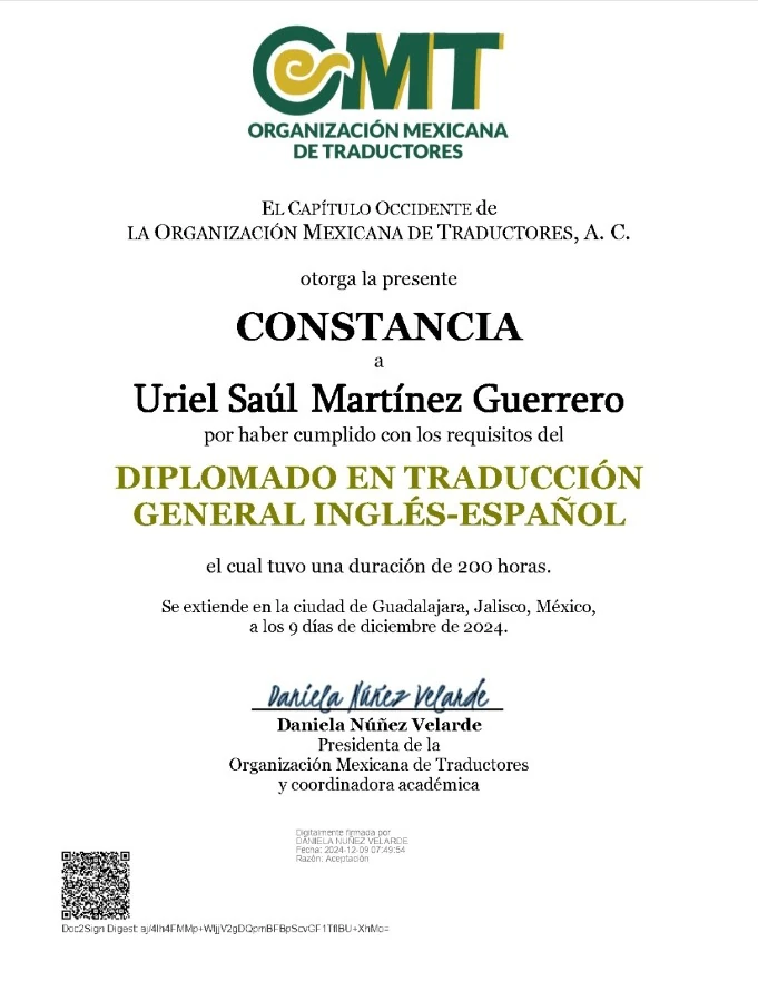 Constancia del Diplomado en Traducción General Inglés–Español